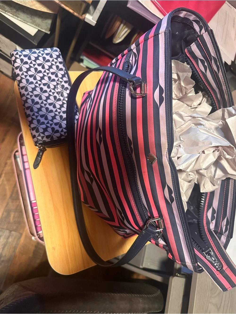 kate spade Pink and Navy Striped Tote with Lip Print